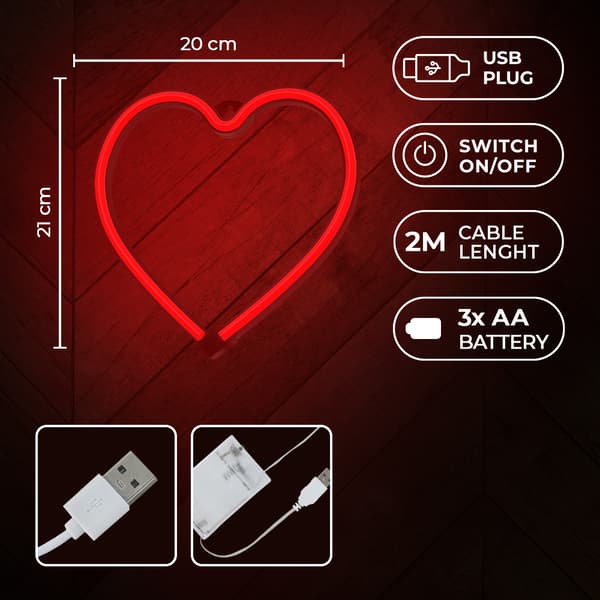 Neon LED-ljus HJÄRTA röd Fladdermus + USB FLNE07 Forever Light