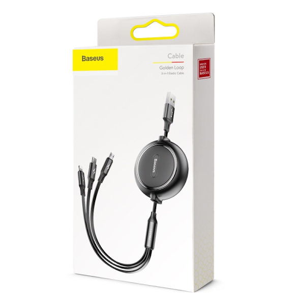 Baseus-kabel 3-i-1 Golden Loop infällbar USB - micro USB + Lightning + USB-C 1,2m 3,5A svart