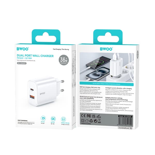 BWOO CDA207 PD 36W väggladdare 1x USB-A + USB-C port vit vit
