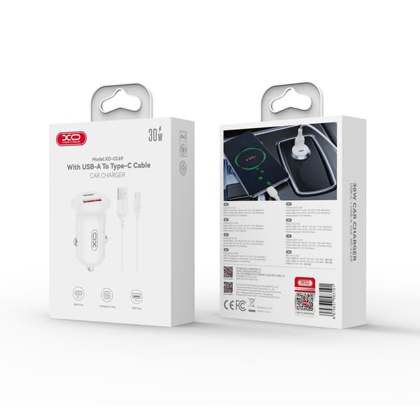XO billaddare CC69 PD 30W QC 1x USB 1x USB-C vit + kabel USB - USB-C