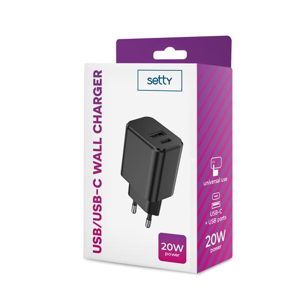 Setty laddare 1x USB + USB-C 3A 20W svart svart