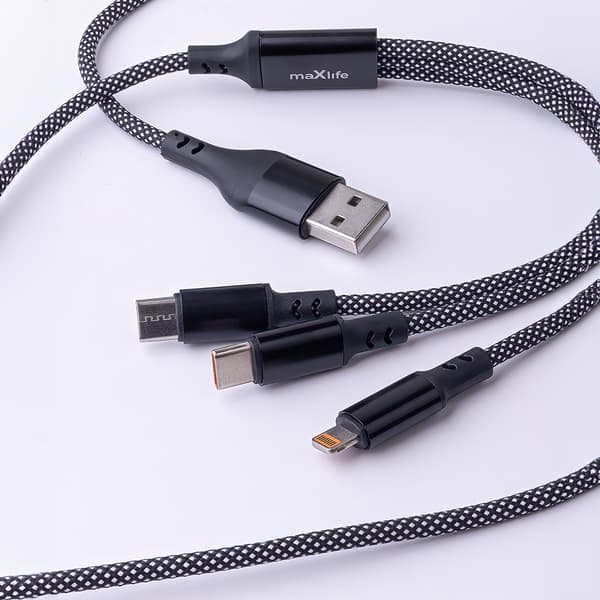 Maxlife ALLin1-kabel USB + USB-C - Lightning + 2x USB-C 1,0 m 66W svart svart