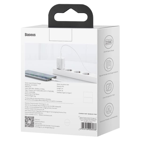 Baseus väggladdare Super Si PD 25W 1x USBC vit + USB-C - USB-C-kabel