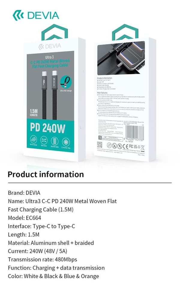 Devia Ultra3 usb-c PD 240W Metallvävd Platt Snabbladdningskabel 1,5 m orange