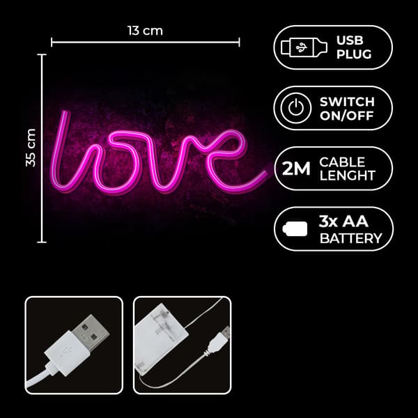 Neon LED-ljus KÄRLEK rosa Bat + USB FLNE05 Forever Light