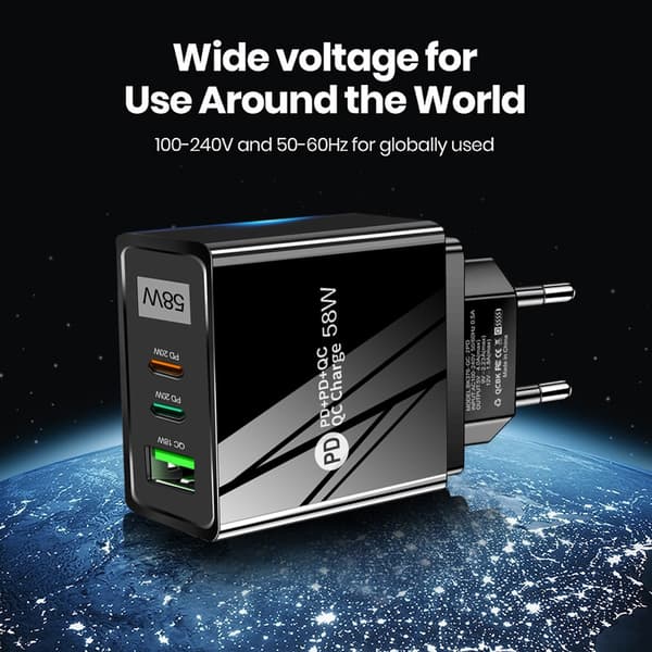 58W USB C Väggladdare 3-Port GaN PD Snabbladdning Dubbel USB-C vit