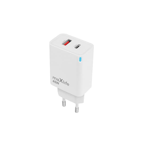 Maxlife MXTC-09-45AC GaN PD QC laddare 1x USB-C 1x USB 45W vit vit
