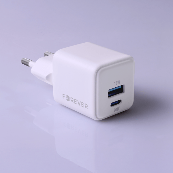 Forever TC-08-20AC GaN PD QC-laddare 1x USB-C 1x USB 20W vit vit