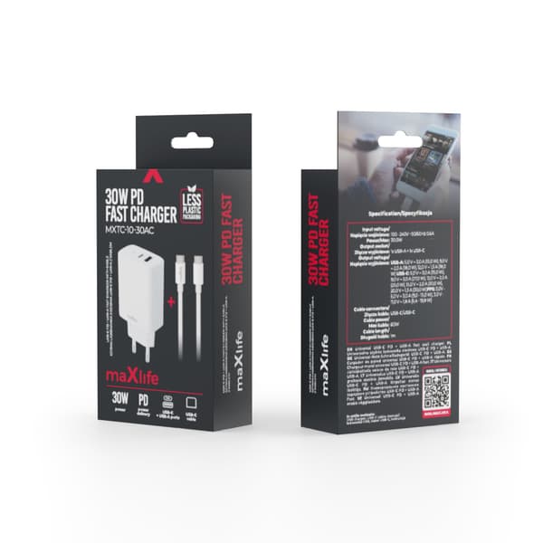 Maxlife MXTC-10-30AC PD QC laddare 1x USB-C 1x USB 30W vit + USB-C - USB-C kabel 60W