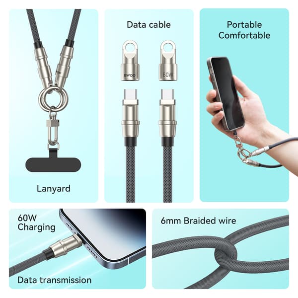 BWOO Lanyard-kabel USB-C - USB-C 0,3m 60W med rem