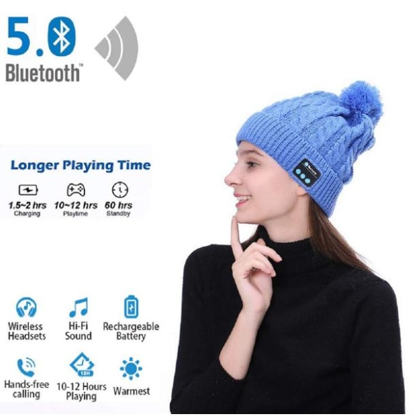 Bluetooth-hatt med pompon (blå) blå