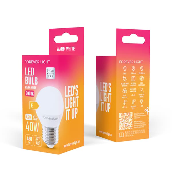 Forever Light LED-lampa E27 G45 4.2W 480lm 3000K klass E