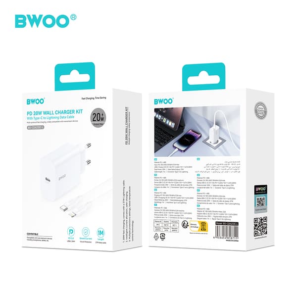 BWOO väggladdare CDA233 PD 20W 1x USB-C med USB-C - Lightning-kabel vit