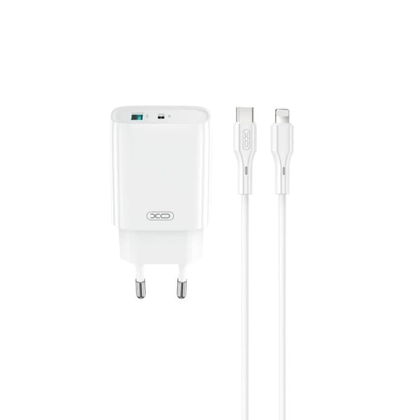 XO väggladdare CE30 PD 30W 1x USB-C 1x USB vit + kabel USB-C - Lightning