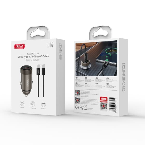 XO billaddare CC70 PD 30W 1x USB-C svart + kabel USB-C - USB-C