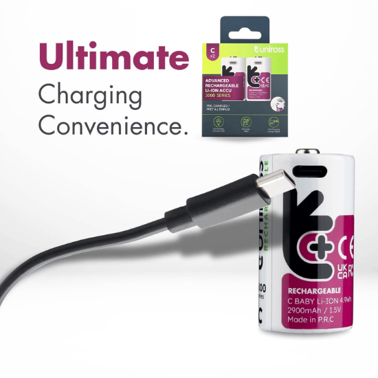 Uniross USB-C C/HR14 Uppladdningsbar Lithiumbatterier 3000mAh, 2 st.