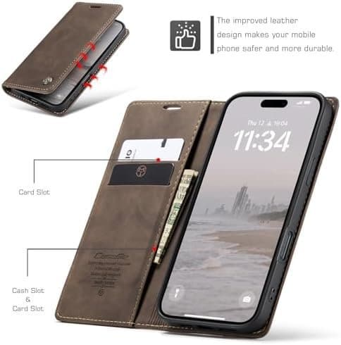 CaseMe 0013 Plånboksfodral i läder för iPhone 16 mörkbrun
