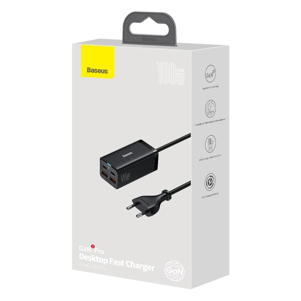Baseus väggladdare GaN3 Pro 100W 2x USB-C 2x USB svart