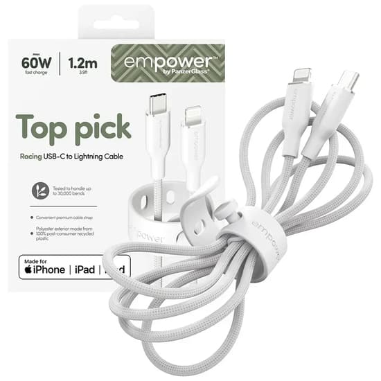 empower by PanzerGlass Racing USB-C to Lightning 1.2m vit vit