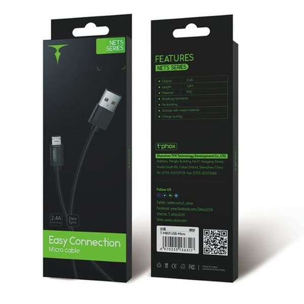 KABEL T-PHOX NETS MICRO USB SVART 3A ; PVC ; 2M