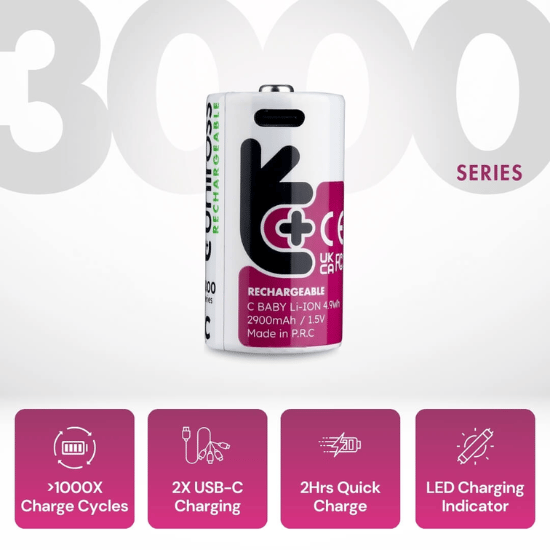 Uniross USB-C C/HR14 Uppladdningsbar Lithiumbatterier 3000mAh, 2 st.