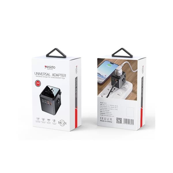 YESIDO MC24UNIOVERSAL ADAPTER UK/EU/US/AUX MAX 8A (3xUSB + USB-C) SVART