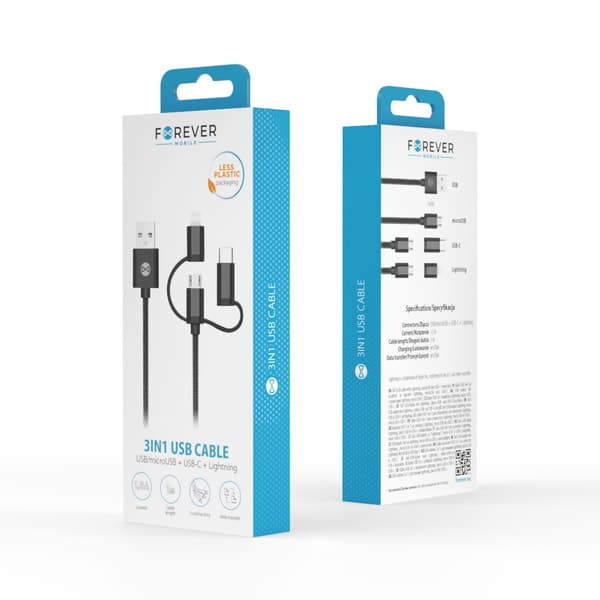Forever 3i1-kabel USB - Lightning + USB-C + microUSB 1,0 m 1,5A svart