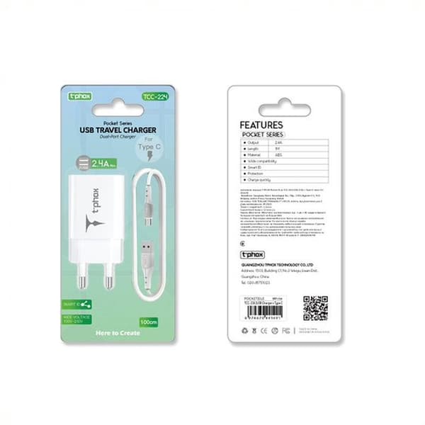 T-PHOX VÄGGLADDARE POCKET SERIES 2xUSB TCC-224 12W + USB-C KABEL VIT