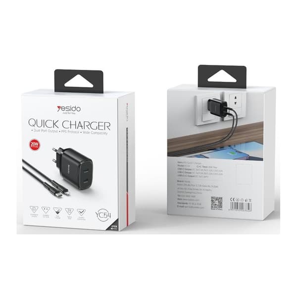 YESIDO WALL ADAPTER YC54 PD 20W QC 2xUSB-C + TYPE-C/LIGHTNING CABLE 27W 1M BLACK