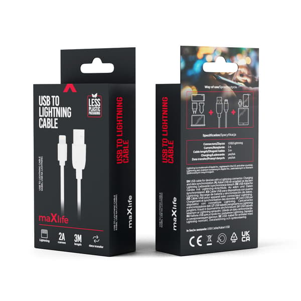 Maxlife-kabel USB - Lightning 3,0 m 2A vit vit