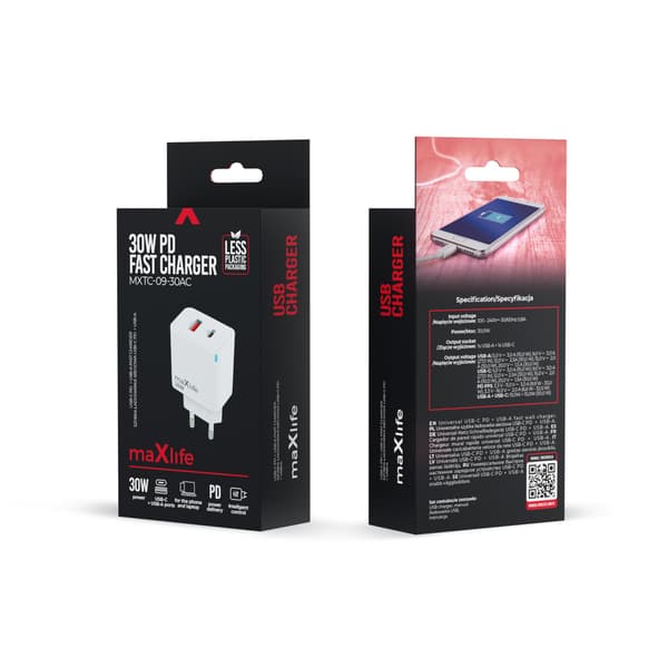 Maxlife MXTC-09-30AC GaN PD QC laddare 1x USB-C 1x USB 30W vit vit