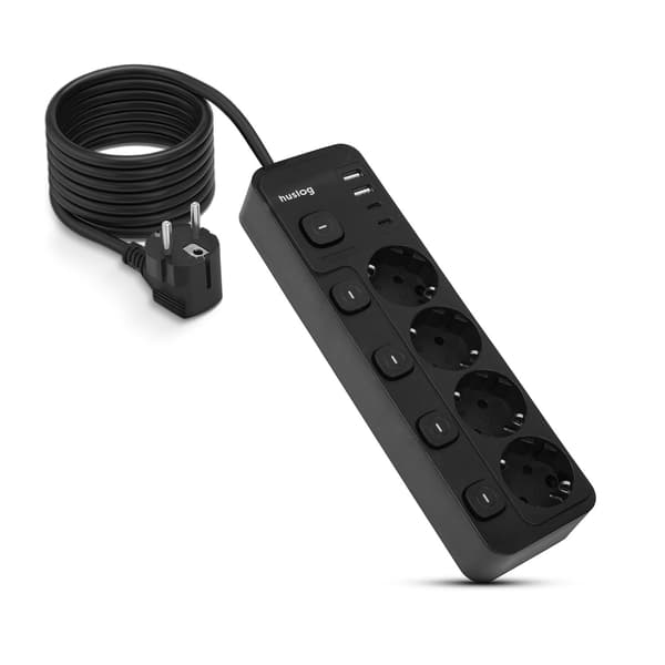 Huslog Power Strip with 5 Switches - 4 Schuko, 4 USB, Flame Retardant