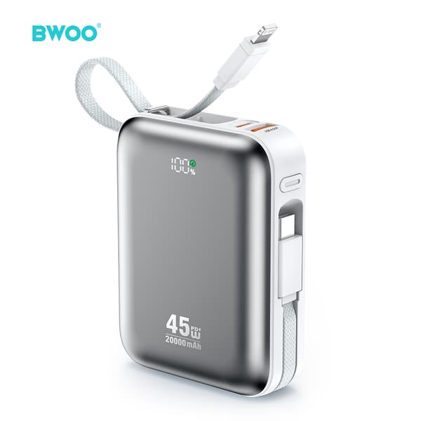 BWOO Powerbank 20000mAh PD45W - Silver, With 2 Cables (USB-C & Lightning)