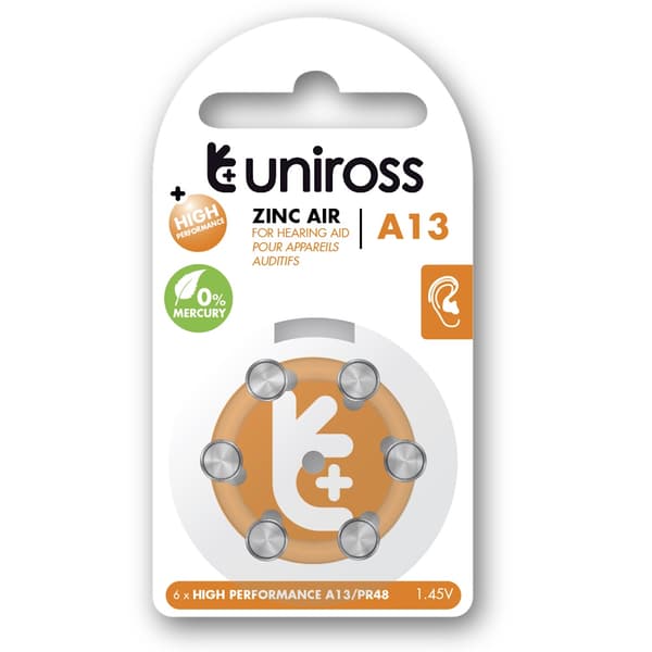 Uniross A13 Knapcellebatterier till höreapparat 230mAh, 6 st.