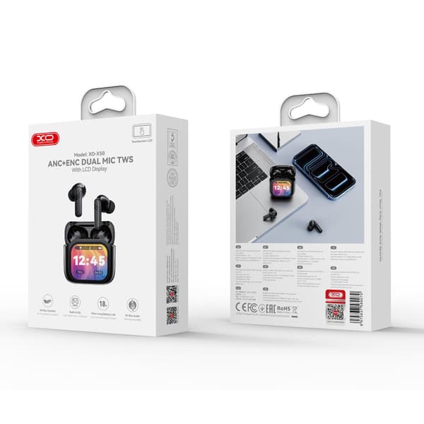 XO Bluetooth hörlurar X50 TWS LCD svart ANC + ENC dubbel mikrofon svart
