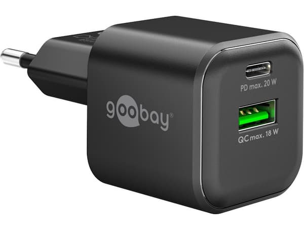 Goobay GaN Dual snabbladdaradapter 20 Watt 1xUSB-C 1xUSB-A svart svart