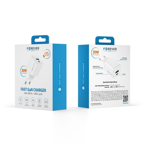 Forever TC-08-30AC GaN PD QC laddare 1x USB-C 1x USB 30W vit vit