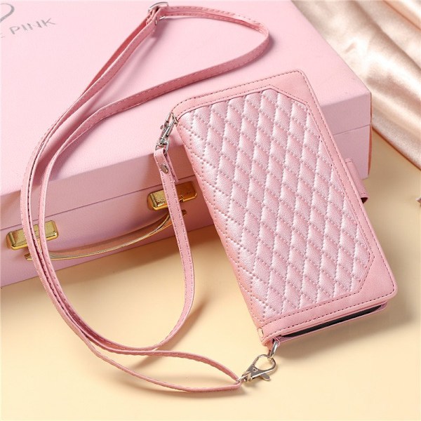 Long Lanyard läder fodral för iphone 14 plus med 7 kortplatser rosa rosa