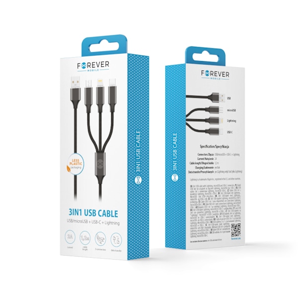 Forever 3i1-kabel USB - Lightning + USB-C + microUSB 1,2 m 2A svart