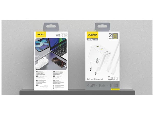 Dudao A28PCEU Adapter 45Watt 2xUSB-C (1m USB-C till USB-C-kabel ingår) vit vit