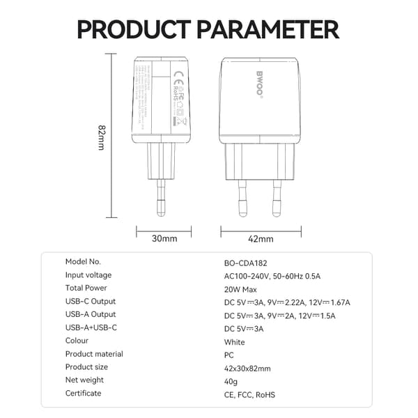 BWOO väggladdare CDA182 QC 38W 1x USB-A + 1x USB-C vit