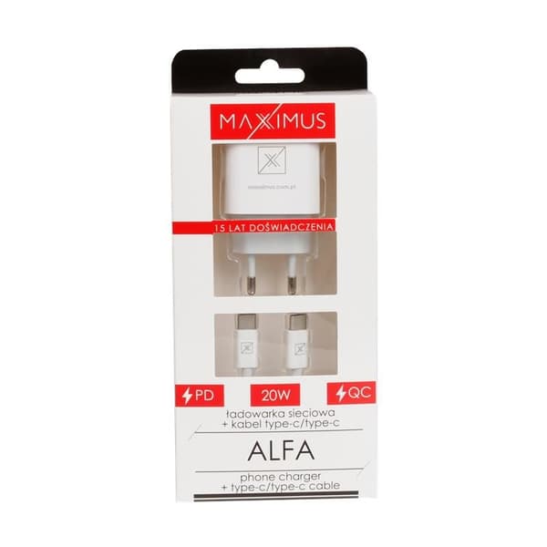 VÄGGLADDARE MX ALFA 20W PD+QC, USB-A+C + C / C-kabel 20W PD, vit vit