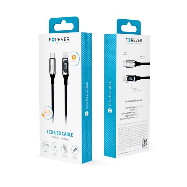 Forever LCD-kabel USB-C - Lightning 1,0 m 27W svart svart