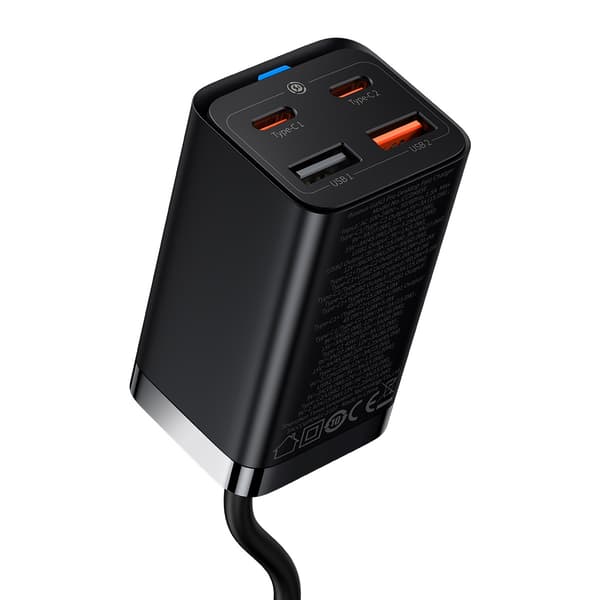 Baseus väggladdare GaN3 Pro PD 65W 2x USB-C 2x USB svart + USB-C - USB-C-kabel