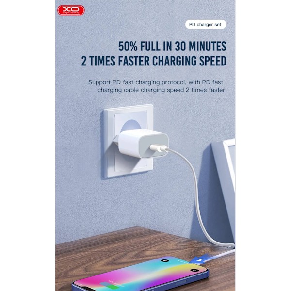 20W 1x USB-C vit + Lightning - USB-C-2m kabel