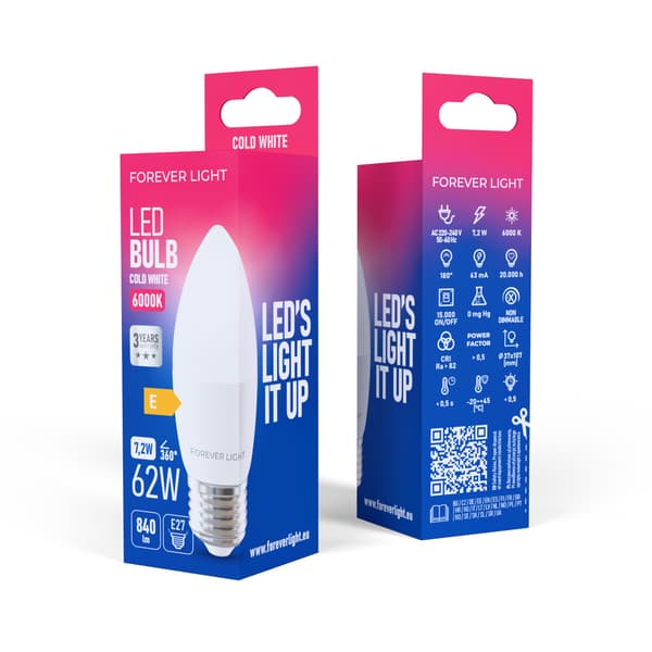 Forever Light LED-lampa E27 C37 7.2W 840lm 6000K klass E