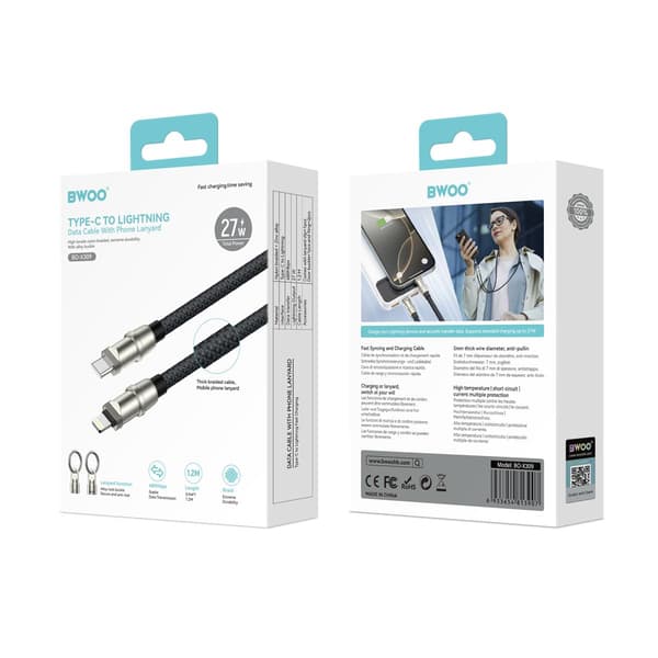 BWOO Lanyard-kabel USB-C - Lightning 1,2m 27W med rem