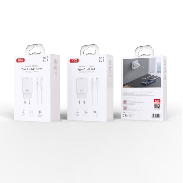 XO väggladdare CE25 PD 25W 1x USB-C vit + kabel USB-C - USB-C