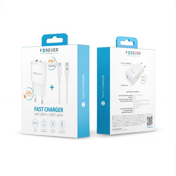 Forever TC-01-20AC PD QC laddare 1x USB-C 1x USB 20W vit + USB-C - USB-C kabel 20W vit
