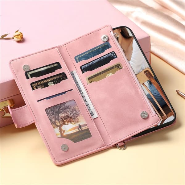 Long Lanyard läderfodral för iPhone 14 Plus med 7 kortplats – Rosa rosa